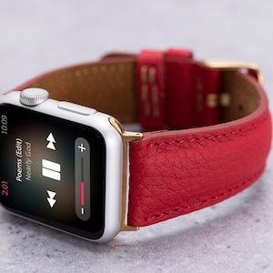 Men Leather Apple Watch Band 49mm 45mm 44mm 42mm 41mm 40mm 38mm, Personalized Red Apple iWatch Strap Series 9 8 7 6 5 4 3 SE Ultra, Dad Gift