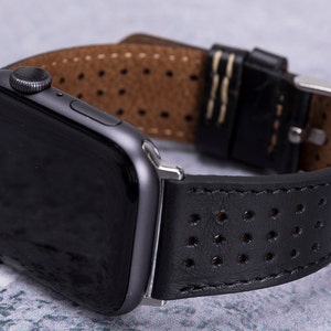 Perforated Leather Apple Watch Band 38mm 40mm 41mm 42mm 44mm 45mm Men Women, Sportive iWatch Strap Series 9 8 7 6 5 4 3 SE, Anniversary Gift image 1