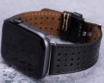 Perforated Leather Apple Watch Band 38mm 40mm 41mm 42mm 44mm 45mm Men Women, Sportive iWatch Strap Series 9 8 7 6 5 4 3 SE, Anniversary Gift