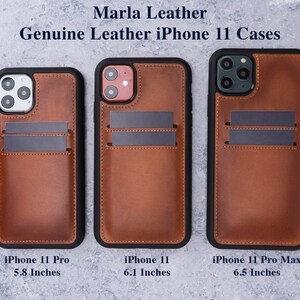 May include: Three genuine leather iPhone 11 cases in brown with card slots. The cases are for the iPhone 11 Pro (5.8 inches), iPhone 11 (6.1 inches), and iPhone 11 Pro Max (6.5 inches).