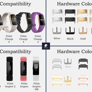 Op de afbeelding: Een grafiek die de compatibiliteit van Fitbit Charge 6, 5, 4, 3, Inspire 3, Inspire 2, Inspire en Inspire HR met verschillende hardwarekleuren laat zien: zilver, zwart, goud en ros&eacute; goud.