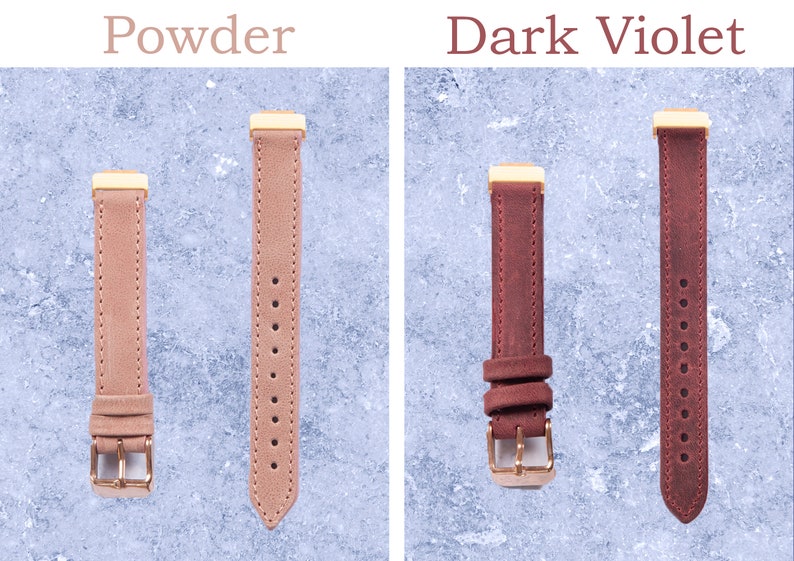 May include: Two watch straps in the image. One is powder pink, the other is dark violet. Both have gold-colored metal hardware and are made of a suede-like material. The text "Powder" and "Dark Violet" are above the straps.