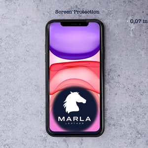 May include: A black iPhone with a screen protector, showing a colorful abstract background and the Marla Leather logo. The screen protector is 0.07 inches thick.
