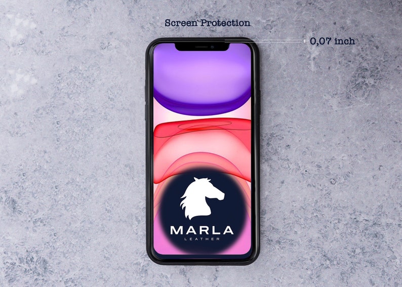 May include: A black iPhone with a screen protector, showing a colorful abstract background and the Marla Leather logo. The screen protector is 0.07 inches thick.