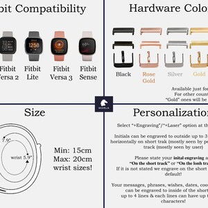 May include: A graphic showing Fitbit watch compatibility with different models, including Versa 1, Versa 2, Lite, Versa 3, and Sense. The graphic also shows hardware colors for the watch band, including black, rose gold, silver, gold, and champagne. The graphic also includes information about wrist size and personalization options.