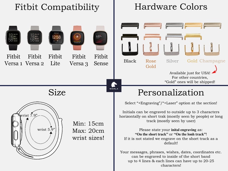 May include: A graphic showing Fitbit watch compatibility with different models, including Versa 1, Versa 2, Lite, Versa 3, and Sense. The graphic also shows hardware colors for the watch band, including black, rose gold, silver, gold, and champagne. The graphic also includes information about wrist size and personalization options.