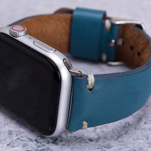 Leather Apple Watch Band 49mm 45mm 44mm 42mm Men, Saddle Stitch Turquoise Engraved iWatch Strap Series 9 8 7 6 5 4 SE Anniversary Gift Women