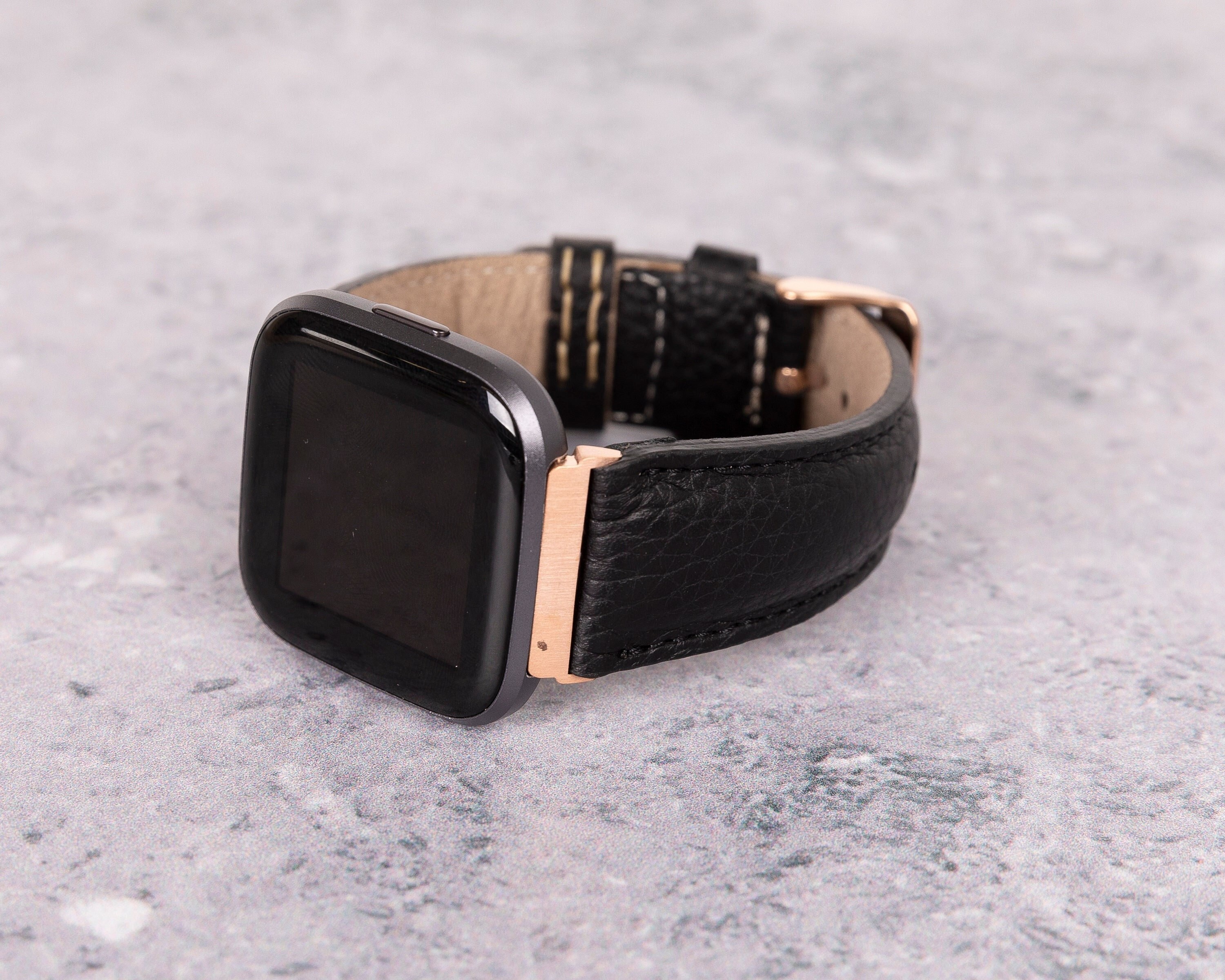 Black Straps Versa 2 Watch Leather Bracelet Textured Leather Strap For Fitbit Versa & Versa 2 | StrapsCo main image 2