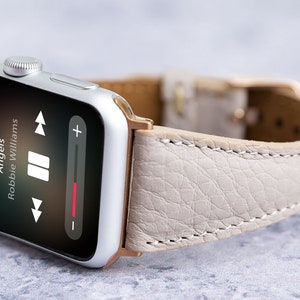 Slim Leather Apple Watch Band 49mm 46mm 45mm 44mm 42mm 41mm 40mm, Rock Beige Engraved iWatch Strap Women Series 10 9 8 7 6 5 Ultra Mom Girl