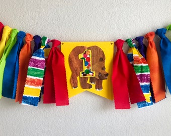 Brown bear, brown bear birthday party high chair banner one Birthday banner first birthday photo prop back drop 1st Birthday Party baby bday