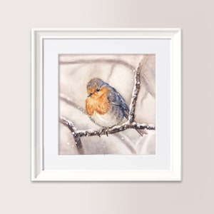 Acquerello Pettirosso nella Neve 1 | Acquerello Originale, Formato 15x15 cm, coppia pettirossi, festa della mamma, festa del papà