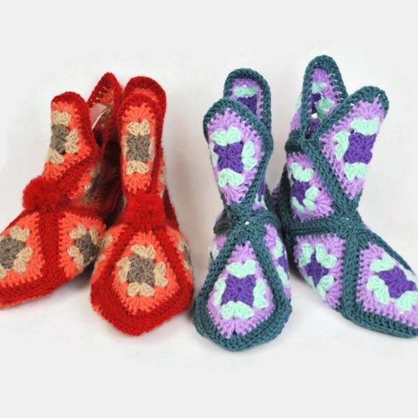 Crochet Grany Square Slippers - Indoor Shoes - Handmade Warm Ankle Slippers - Vintage Inspired Retro Colourful Knit Slippers - Slow Fashion