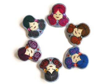 Girl Felt Brooch - Handmade Embroidered In Assortment Of Colours - Vintage Inspired - Great Little Gifts