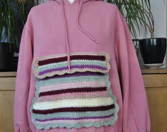 Upcycled Pink  Hoodie – Size 14 – Long Sleeve Cosy Sweatshirt with Colourful Crochet Details