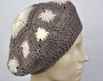 Vintage Crochet Beret, Handmade Knit Tam, Brown Peach  display picture 3