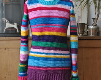 Hand Crochet Multi-Coloured Pullover - Vintage Style Striped Jumper In Rainbow Colours - Size S