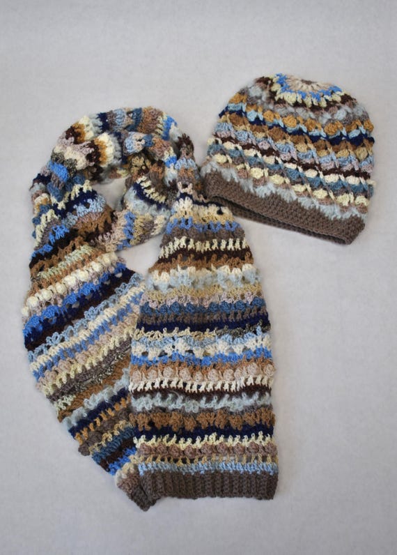 Handmade Crochet Scarf and Hat Set – Brown & Blue Wool Blend  display picture 2