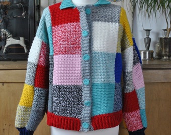 Harry Styles Cardigan - Crochet Patchwork Colourful Cardigan - J W Anderson's Inspired Colour Block Handmade Jumper