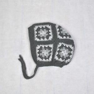 Crochet Grey Bonnet Hat – Retro Granny Square Hood – Handmade Boho Beanie