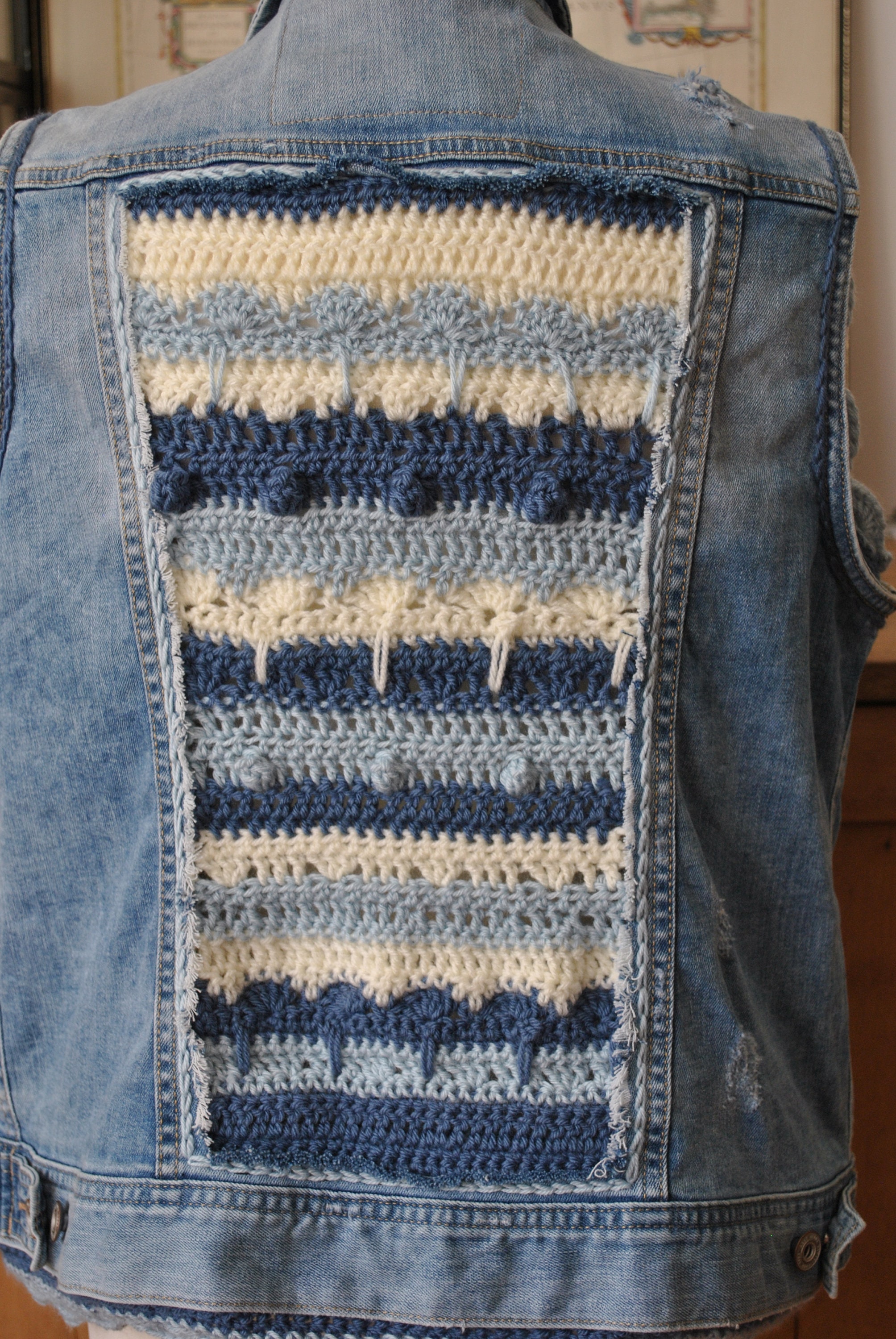 Upcycled Denim Jacket Crochet Details Boho Refashioned Etsy UK