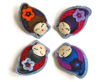 Girl Felt Brooch - Handmade Embroidered In Assortment Of Colours - Vintage Inspired - Great Little Gifts