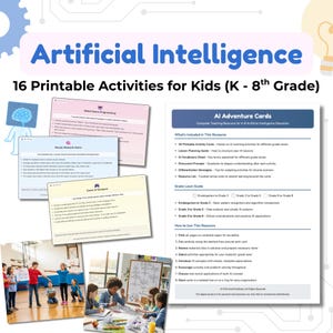 Pode incluir: Recurso educacional intitulado "Inteligência Artificial" com 16 atividades imprimíveis para crianças do jardim de infância à 8ª série. A imagem mostra cartões de atividades, um guia de lições e crianças envolvidas em atividades de aprendizagem. Inclui cartões de aventura de IA.