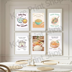 Kawaii Chinese Kitchen Wall Art Set | Set of 6 Digital Prints | Cute Food Art, Asian Home Decor, Dim Sum, Fried Rice, Wok, Chopsticks | Gift