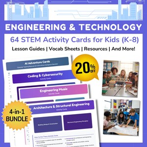 Peut inclure: Image promotionnelle pour des cartes d'activités STEM pour enfants, avec le texte "Ingénierie et Technologie". L'image comprend un pack 4-en-1 de 64 cartes d'activités, des guides pédagogiques et des ressources. Un cercle jaune indique une réduction de 20%.