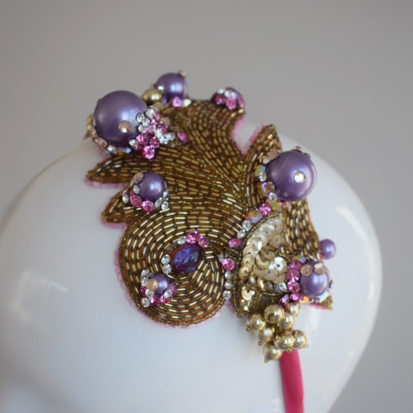 Beaded gold, purple pearls and Swarovski crystals evening wedding Alice band headband headpiece fascinator, flapper, burlesque, pin up