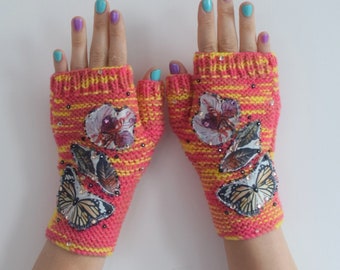 Coral and yellow hand knitted flowers & butterflies applique fingerless gloves/ armwarmers with sparkly Swarovski crystals