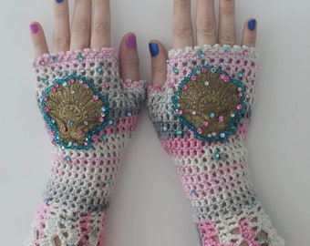 Pink pastel cotton crochet fingerless gloves with gold embroidery, sparkly Swarovski crystals, beads. Burlesque, pin up, retro, vintage