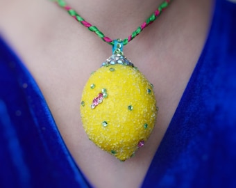 Lemon statement necklace with vintage Swarovski crystals, beads and gems. Burlesque,  pin up, retro, fruit, vintage, costume, summer.