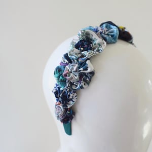 Liberty print silk flower puffs in shades of blue headband with rainbow Swarovski crystals