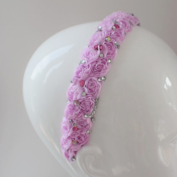 Pastel pink roses flowers & sparkly Swarovski crystals evening wedding Alice band headband headpiece crown