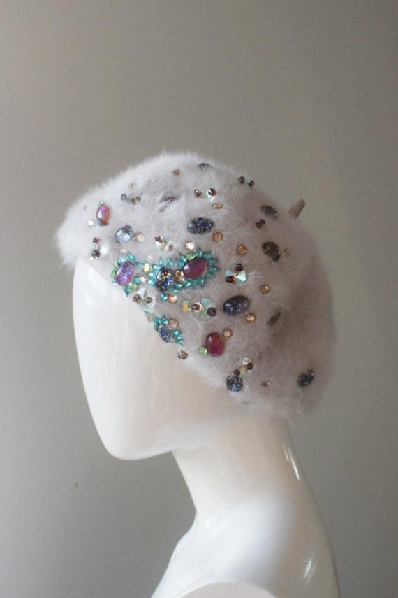 Angora Beret with Sequins Sequin Angora Hand Knit Tam Shiny Blue Beret Hat Rabbit  main image 4