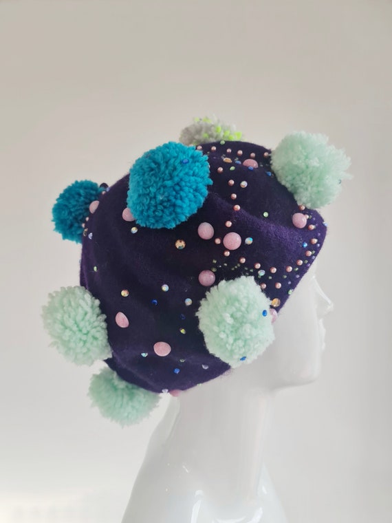 Purple and Shades of Mint and Teal Pompoms Cosy Glam Beret  display picture 1
