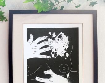 Linogravure linocut linoprint post partum motherhood dépression depression dpp broken heart