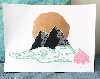 Linogravure linocut linoprint corps et paysage body and landscape montagne mountain