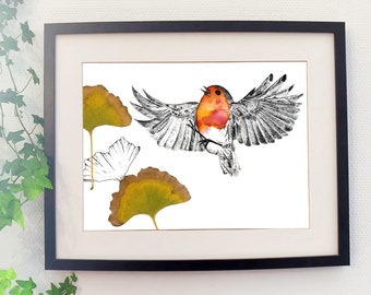 Poster robin print bird gingko leaf