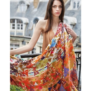 Écharpe en soie florale, écharpe carrée en soie, écharpe peinte à la main pour femme, châle, très grande écharpe de créateur, écharpe multicolore, cadeaux pour elle