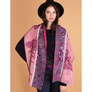 Women&#39;s wool double face scarf, shawl, écharpe, chale  en laine  pour femme  &quot;Paphifant rose - wool scarf &quot; 180 cm x 32cm,