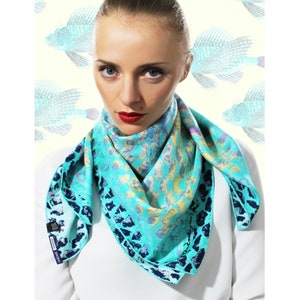 Silk Square Scarf, Turquoise Floral Silk Scarf, Floral Print Scarf, Silk Shawl, Silk Scarf for Hair, Silk Bandana Gifts for Her