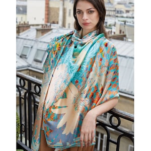 Écharpe turquoise, écharpe carrée en soie, écharpe peinte à la main pour femme, châle, très grande écharpe de créateur, écharpe multicolore, cadeaux pour elle
