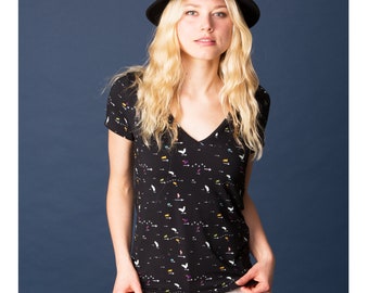 Celestial Angels V-Neck Tee: Soft Viscose Black Graphic T-Shirt