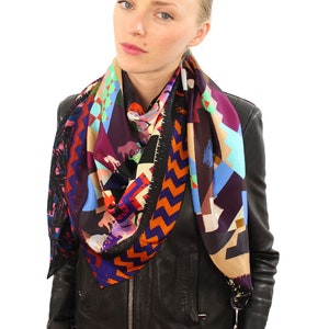 Large Geometric Silk Scarf, Designer Scarf, Colorful Scarf, Multicolor Square Scarf, Scarf for Women, Shawl Wrap, Birthday Gifts for Her