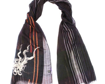 Linen Silk Scarf: Hand-Painted Sea Tiger Design, Irène Paris