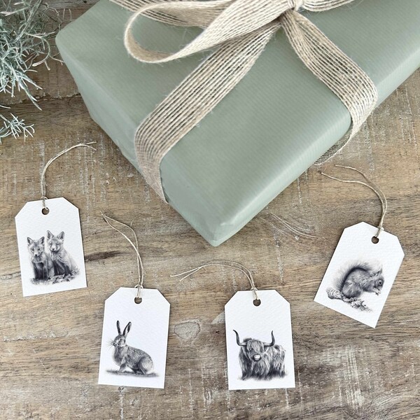 Wildlife Gift Tags Set of 4 | Fox | Hare | Highland Cow | Red Squirrel | Set of 4 Gift Tags | Animal Gift Tags