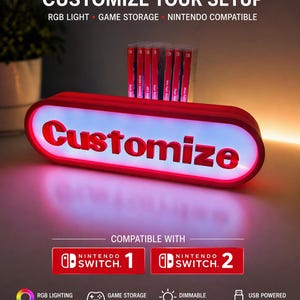 Puede incluir: Un accesorio de juego iluminado en rojo y blanco con la palabra "Customize" en letras grandes y en negrita. Diseñado para consolas Nintendo Switch, ofrece iluminación RGB, almacenamiento de juegos y funciones regulables. El texto "Customize Your Setup" está en la parte superior.