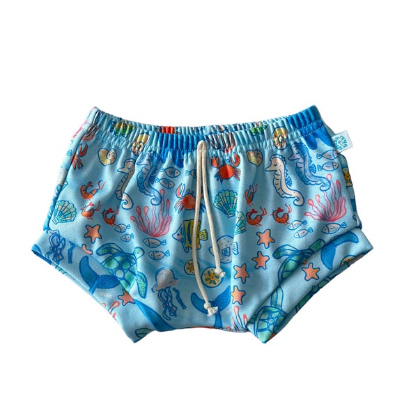 Ocean Life Dolphin Organic Baby Shorts / Bummies / Shorties /  in Ocean Vibes,  Unisex, Made in USA, Neutral Gender