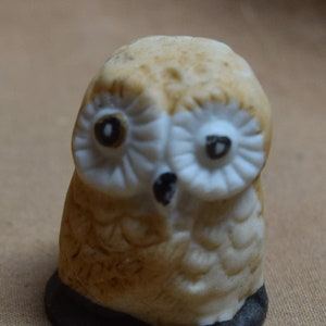 Vintage Hand Painted Owl Bisque / Porcelain Sewing Thimble Miniature Figurine